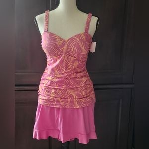 Tropical pink print skirted swimsuit